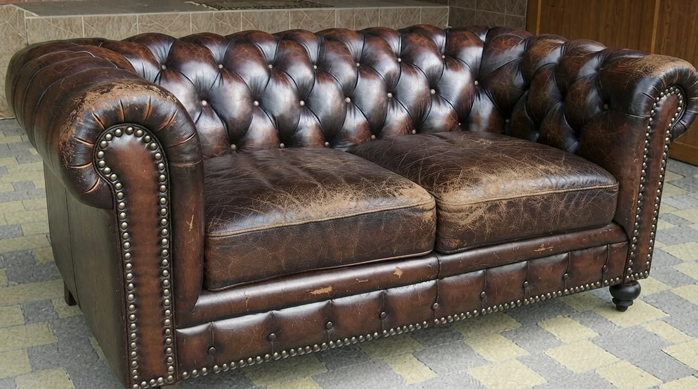 Worn brown Chesterfield sofa with tired cushions before restoration